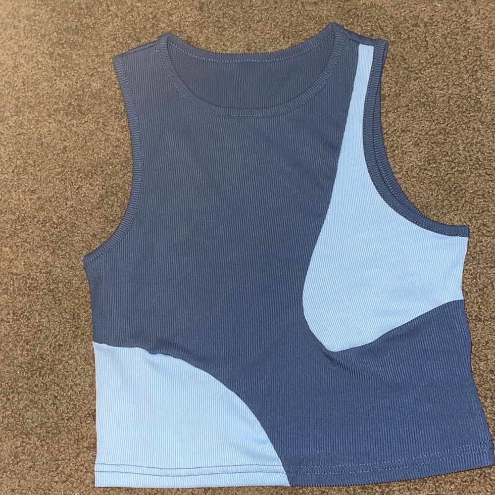 Blue Color Block Cropped Tank Top
